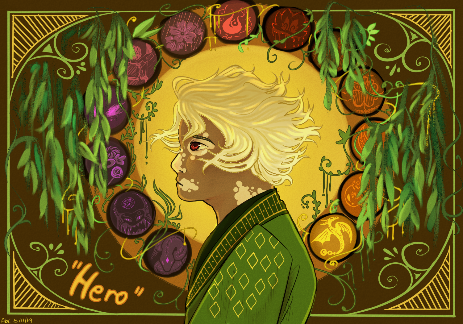 An art-nouveau style drawing of Lloyd Garmadon from Ninjago, drawn with vitiligo and red eyes and surrounded by a halo. He is surrounded by circles of different colors with pictures symbolizing important aspects of his life. They are intertwined with textured vines framing the image. The word “hero” is written in quotations in the lower left corner.